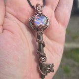 Skeleton Key with Rainbow Heart Aurora Opal Doublet Wire Wrapped Pendant