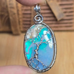 Plume Agate + Aurora Opal Spooky Tree of Life Pendant – Oxidized Sterling Silver