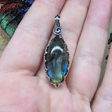 Rutilated Quartz on Labradorite in Antiqued Sterling Silver Pendant Necklace