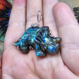 Carved Green Blue Labradorite Dinosaur Triceratops Pendant in Sterling Silver