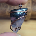 Purple Agate Pendant with Metallic Green Moss - Hammered Copper Necklace