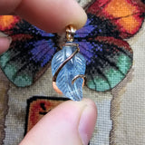 Carved Blue Aquamarine Leaf Wire Wrapped Pendant in 14kt Yellow Gold Fill