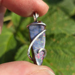Boulder Opal Pendant Rainbow Fire - Hammered Sterling Silver
