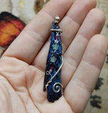 Aura Kyanite Crystal Pendant Sterling Silver with Ruby Accents and Hematite Chrysoprase Stars