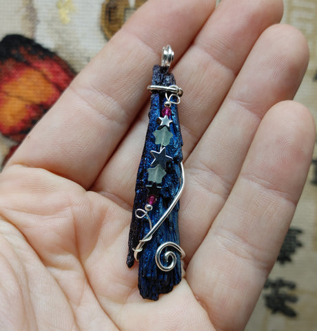 Aura Kyanite Crystal Pendant Sterling Silver with Ruby Accents and Hematite Chrysoprase Stars