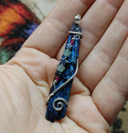 Aura Kyanite Crystal Pendant Sterling Silver with Ruby Accents and Hematite Chrysoprase Stars