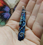 Aura Kyanite Crystal Pendant Sterling Silver with Ruby Accents and Hematite Chrysoprase Stars