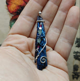 Aura Kyanite Crystal Pendant Sterling Silver with Ruby Accents and Hematite Chrysoprase Stars
