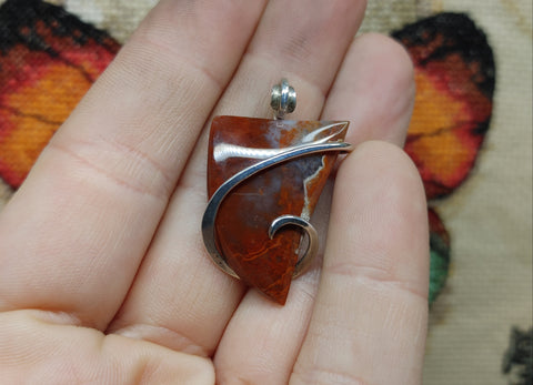 Red Moss Agate Pendant in Hammered Sterling Silver