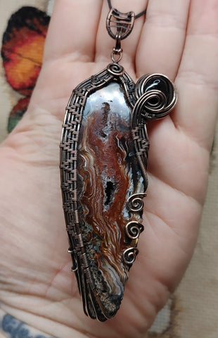 Red Oco Drusy Quartz Crystal Geode with Hypersthene Pendant in Copper Wire Wrap