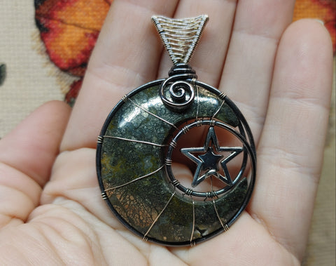 Marcasite Agate Crescent Moon Pendant with Geode