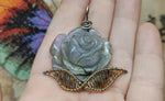 Carved Purple Labradorite Rose Pendant Sterling Silver and 14kt Yellow Gold Fill