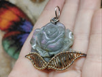 Carved Purple Labradorite Rose Pendant Sterling Silver and 14kt Yellow Gold Fill
