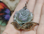 Carved Purple Labradorite Rose Pendant Sterling Silver and 14kt Yellow Gold Fill
