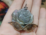 Carved Purple Labradorite Rose Pendant Sterling Silver and 14kt Yellow Gold Fill