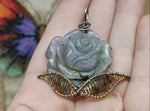 Carved Purple Labradorite Rose Pendant Sterling Silver and 14kt Yellow Gold Fill