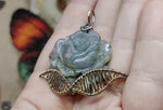 Carved Purple Labradorite Rose Pendant Sterling Silver and 14kt Yellow Gold Fill