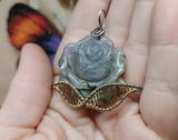 Carved Purple Labradorite Rose Pendant Sterling Silver and 14kt Yellow Gold Fill
