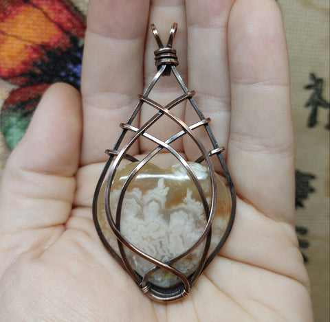 Plume Agate Heart Pendant Necklace in Copper