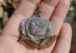 Carved Purple Labradorite Rose Pendant Sterling Silver and 14kt Yellow Gold Fill