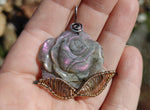 Carved Purple Labradorite Rose Pendant Sterling Silver and 14kt Yellow Gold Fill