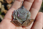 Carved Purple Labradorite Rose Pendant Sterling Silver and 14kt Yellow Gold Fill