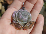 Carved Purple Labradorite Rose Pendant Sterling Silver and 14kt Yellow Gold Fill