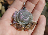 Carved Purple Labradorite Rose Pendant Sterling Silver and 14kt Yellow Gold Fill