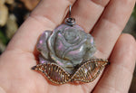 Carved Purple Labradorite Rose Pendant Sterling Silver and 14kt Yellow Gold Fill