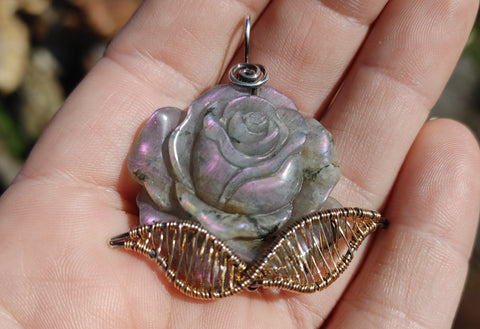 Carved Purple Labradorite Rose Pendant Sterling Silver and 14kt Yellow Gold Fill