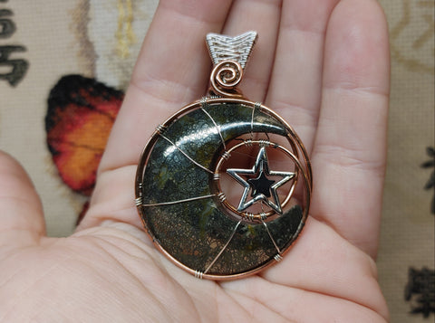 Marcasite Agate Crescent Moon Pendant with Bright Copper