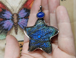 Carved Blue Labradorite Starfish Pendant with Lapis Accent