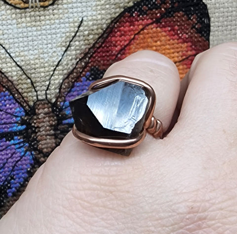 Raw Smoky Quartz Crystal Ring in Hammered Copper Sz 7.5