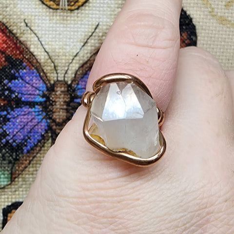 Raw Quartz Crystal Ring in Hammered Copper Sz 7.5