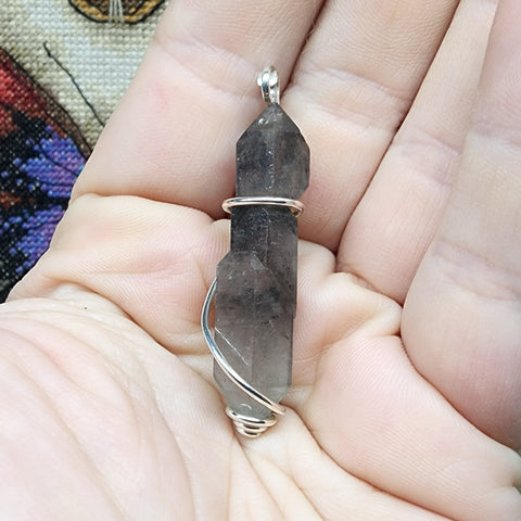Long Black Double Terminated Quartz Scepter Pendant in Hammered Sterling Silver