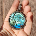 Carved Blue Green Labradorite Sun Moon Face Pendant Sterling Silver and Copper
