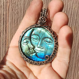 Carved Blue Green Labradorite Sun Moon Face Pendant Sterling Silver and Copper
