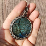 Carved Blue Green Labradorite Sun Moon Face Pendant Sterling Silver and Copper
