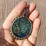 Carved Blue Green Labradorite Sun Moon Face Pendant Sterling Silver and Copper