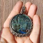 Carved Blue Green Labradorite Sun Moon Face Pendant Sterling Silver and Copper