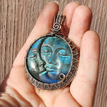 Carved Blue Green Labradorite Sun Moon Face Pendant Sterling Silver and Copper