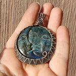 Carved Blue Green Labradorite Sun Moon Face Pendant Sterling Silver and Copper