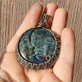 Carved Blue Green Labradorite Sun Moon Face Pendant Sterling Silver and Copper