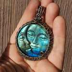 Carved Blue Green Labradorite Sun Moon Face Pendant Sterling Silver and Copper