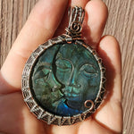 Carved Blue Green Labradorite Sun Moon Face Pendant Sterling Silver and Copper