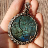 Carved Blue Green Labradorite Sun Moon Face Pendant Sterling Silver and Copper