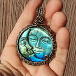 Carved Blue Green Labradorite Sun Moon Face Pendant Sterling Silver and Copper