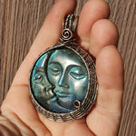 Carved Blue Green Labradorite Sun Moon Face Pendant Sterling Silver and Copper