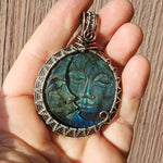 Carved Blue Green Labradorite Sun Moon Face Pendant Sterling Silver and Copper