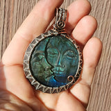 Carved Blue Green Labradorite Sun Moon Face Pendant Sterling Silver and Copper
